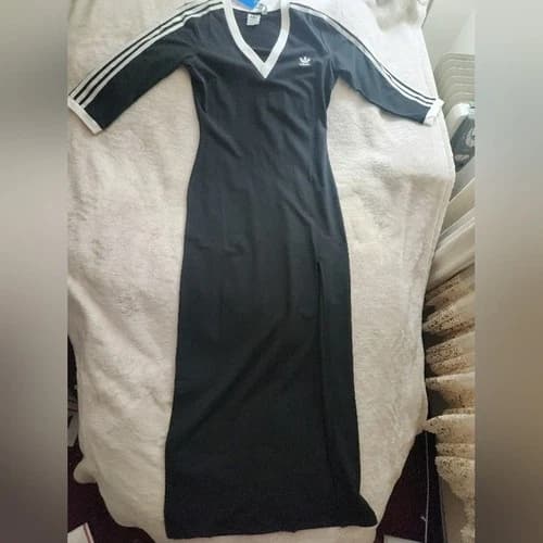 Adidas Originals Adicolor Black 3 Stripe Maxi Dress Black White Stripes Nwt