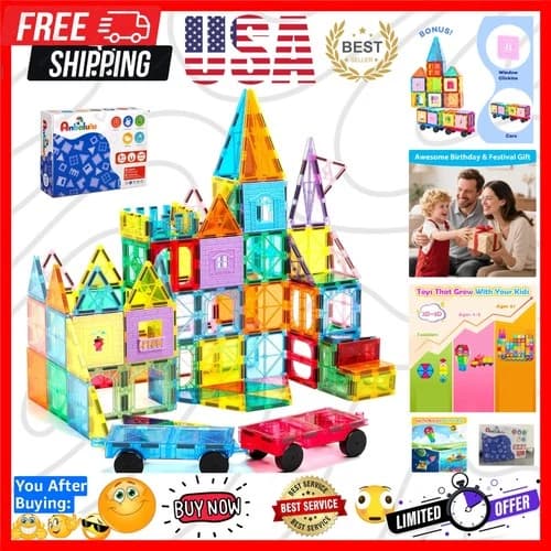 Magnetic Tiles 100PCS with 2 Cars, STEM Educational Building Blocks for Kids ...