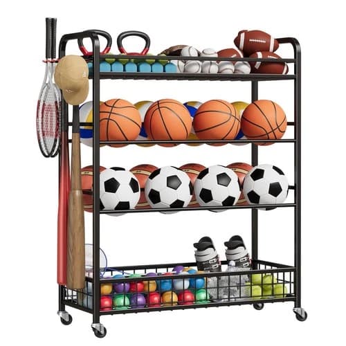 Garage Sports Equipment Organizer - Rolling Ball Storage Bin with Wheels, Gar...