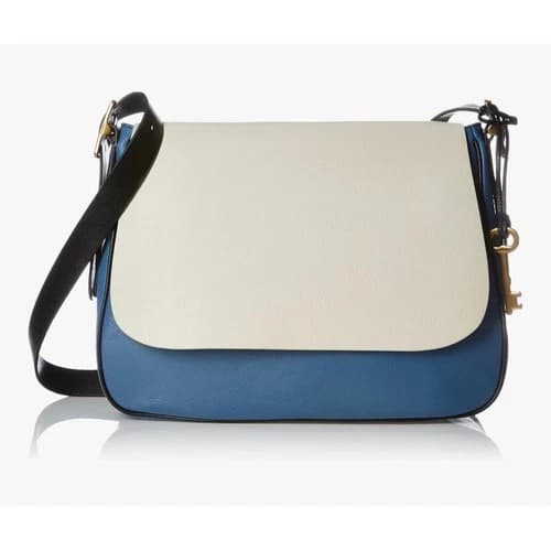 FOSSIL Leather Crossbody Saddle Bag Key Purse Handbag Blue Cream Colorblock