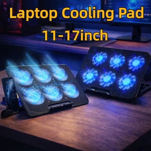 USB Laptop Cooling Pad Stand Notebook PC Quiet Cooler 6 Fan Blue LED for 11”-17”