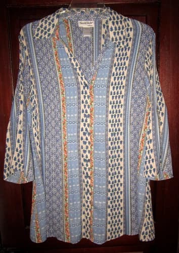 North Style Plus 1X Tunic Top Blouse Button Shirt Crinkled Patchwork Print Flare