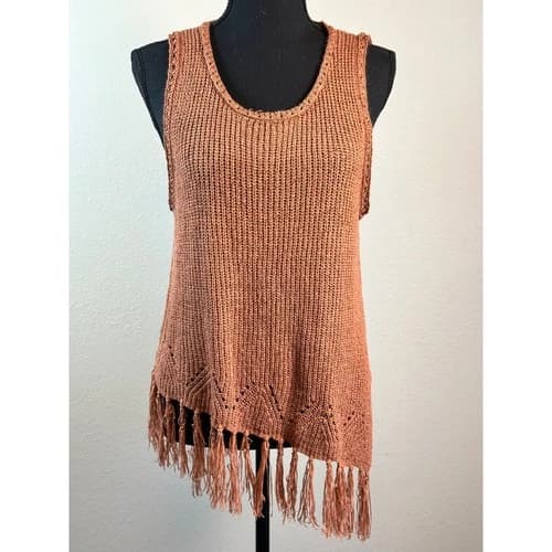 Boho Fringe Knit Large Tank Top Rust Brown Asymmetrical Hem Festival Boho Style