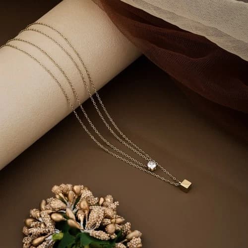 Gold Plated Double Layer Pendant Necklace for Women CZ Stone Minimal Jewelry