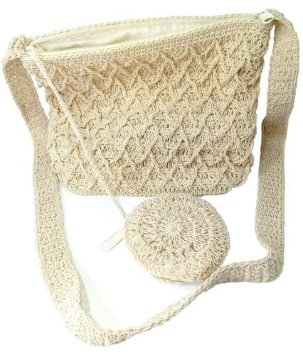 Crochet Handbag with Attached Coin Purse Beige Medium Size Unique Boho Beach