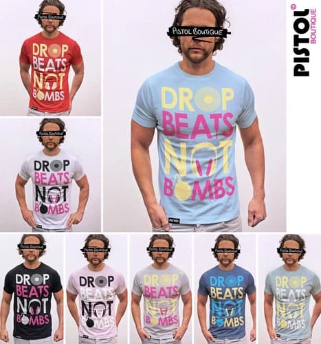Pistol Boutique Men's Crew Neck DROP BEATS NOT BOMBS DJ Music Fashion T-shirt