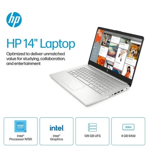 HP 14" Laptop Intel Processor N150 4GB RAM 128GB Storage UFS - Natural Silver