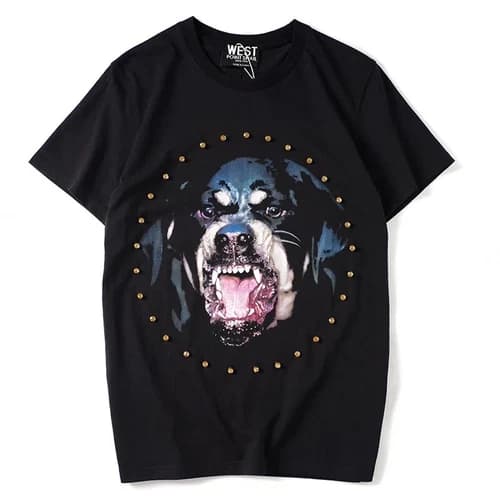 New Men Fashion Diamond Dog Rhinestones Luxury Black T-Shirt High Quality