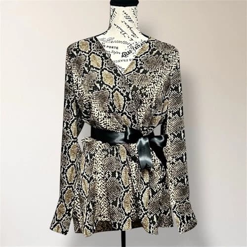 Boston Proper M Snake Print Satin Wrap Blouse Belted Long Sleeve Dressy Top
