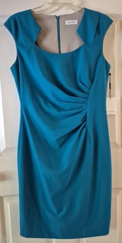 Calvin Klein NWT‎ Side Ruched Horseshoe Neck 10 TEAL / LAGOON Sleeveless Sheath