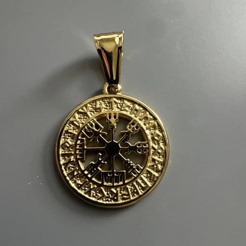 Viking Vegvisir Elder Futhark Rune Spinner Stainless Steel Pendant 24” Gold