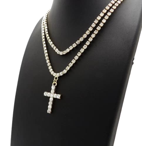 Iced Hip Hop CZ Cross Pendant w/ 3mm 16" & 18" 1 Row Tennis Chain Necklace