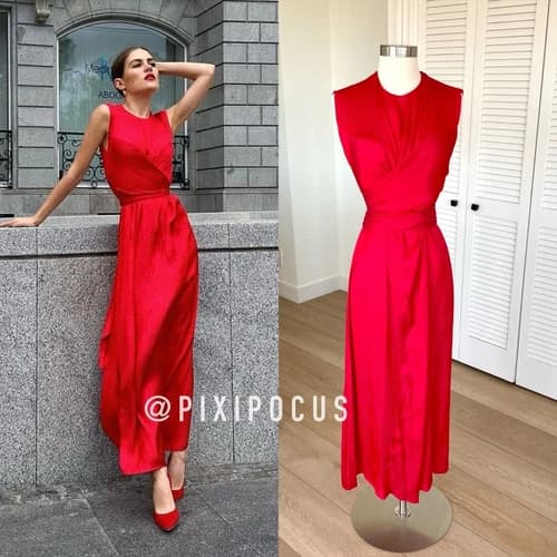 ZARA NEW SATIN TIE WAIST MIDI DRESS FLOWY BELTED RED M,L,XL 8573/128