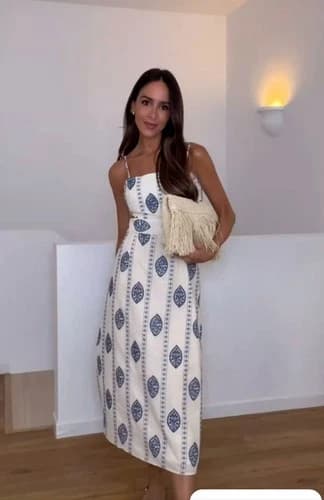 ZARA NEW WOMAN FW25 CUT OUT EMBROIDERED MIDI DRESS Ecru / Blue | 3376/929 XS-XL