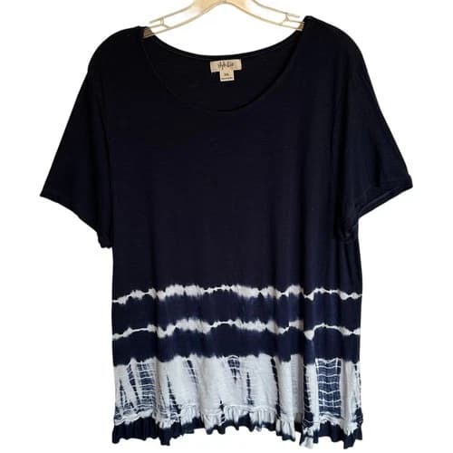 Style & Co Tie Dye Tee Womens XXL Navy Ruffled Hem Beachy Casual Knit Boho Top