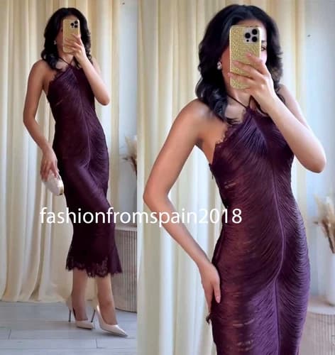 ZARA NEW WOMAN MIDI FRINGED LACE HALTER DRESS BURGUNDY XS-XL 5919/117/606